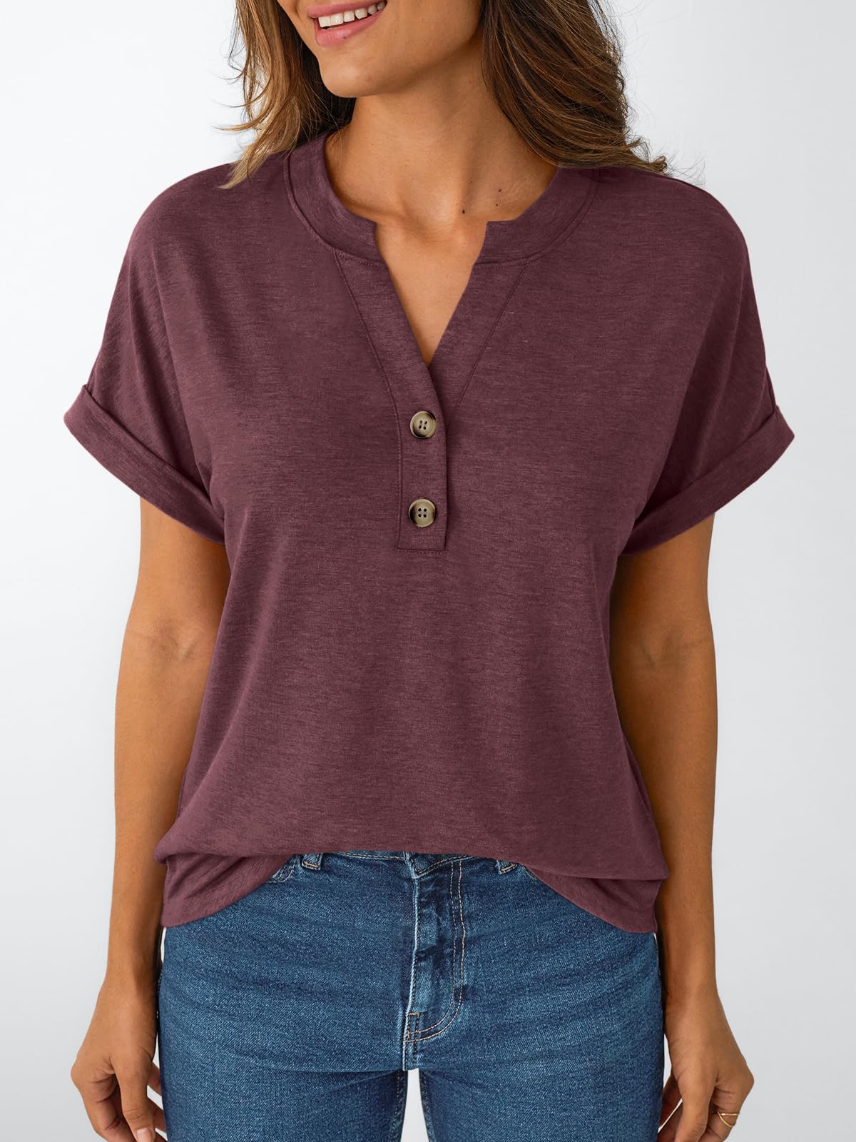AUTOMET Women's Short Sleeve Shirts Henley Dressy Casual Summer Tops 2025 Trendy Blouses Cute T-Shirts Outfits Clothes Wine L