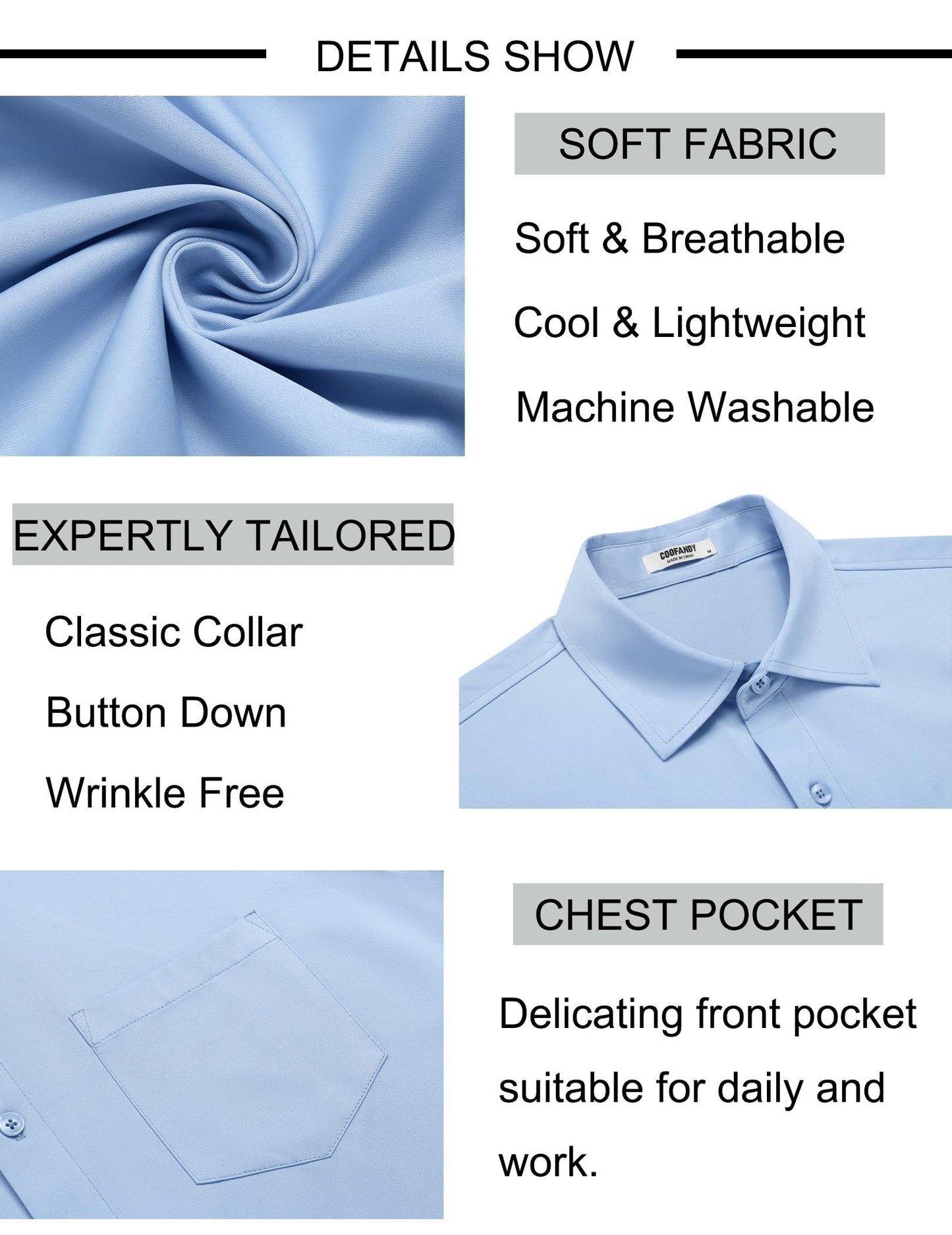 COOFANDY Men Summer Button Down Shirt Casual Short Sleeve Stretch Dress Shirt Stylish Slim Fit Muscle Fit Shirt Blue