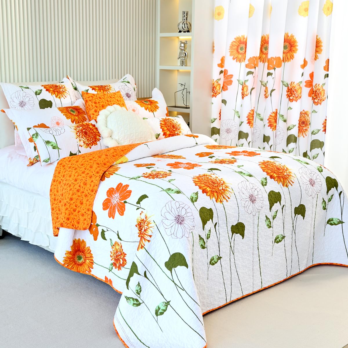 EVENHUG 100% Cotton Quilt King Size Orange Sunflower Bedding Set Floral Lightweight Quilt Reversible Coverlet Bedspread with 2 Pillow Shams All Seasons 3 Pieces (106”X96”)