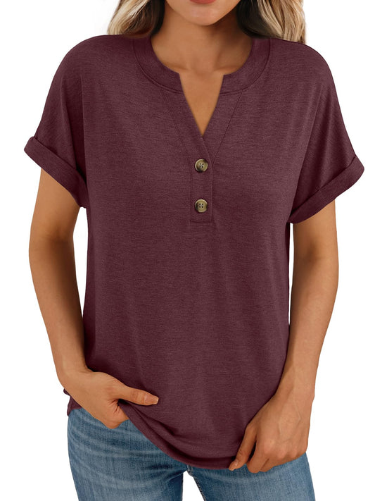 AUTOMET Women's Short Sleeve Shirts Henley Dressy Casual Summer Tops 2025 Trendy Blouses Cute T-Shirts Outfits Clothes Wine L