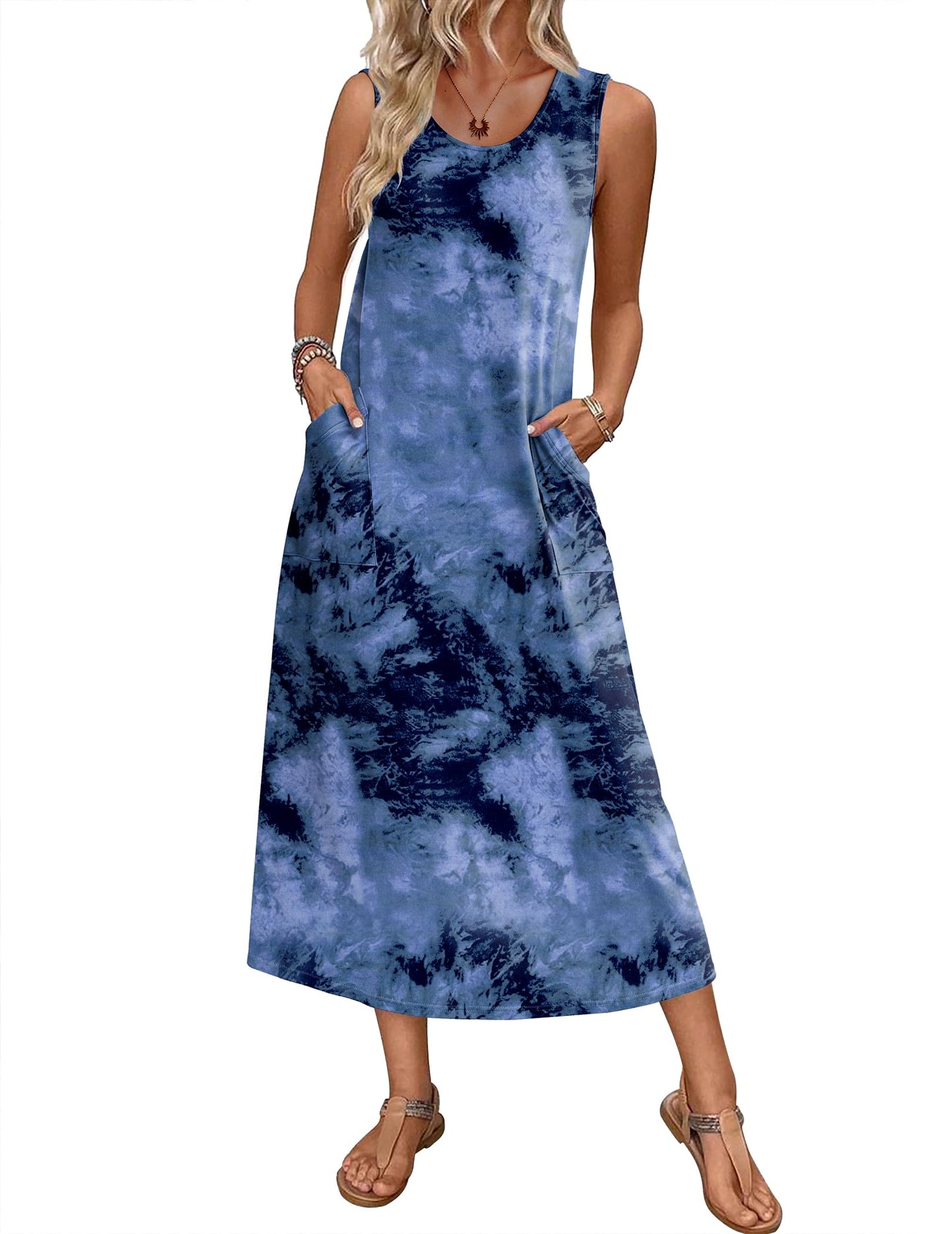 Ekouaer Nightgowns for Women Sleeveless Sleepshirt Long Print House Dress Tank Nightshirt Maxi Casual Dress with Pockets Tie Dye Blue XXXL