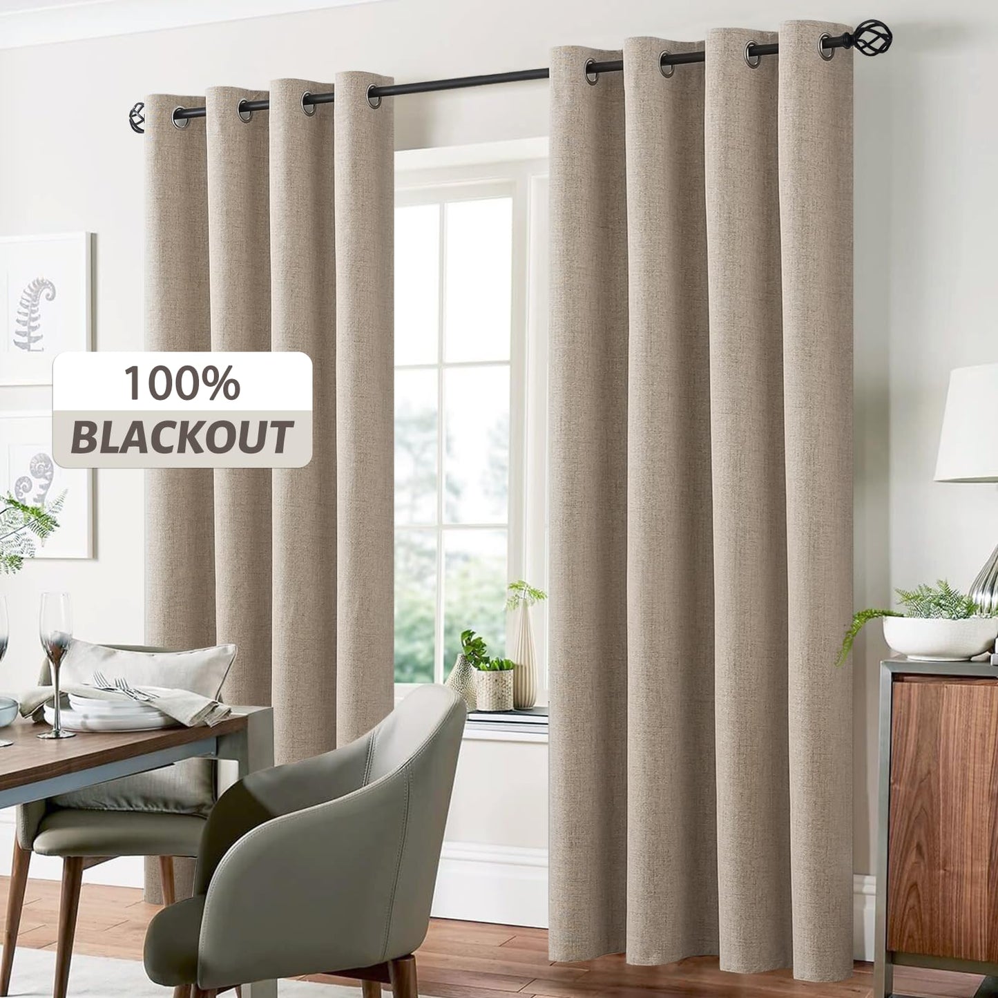 Yakamok Natural Linen Curtains 100% Blackout 90 Inches Long,Room Darkening Textured Curtains for Living Room Thermal Grommet Bedroom Curtains 2 Panels with Greyish White Liner