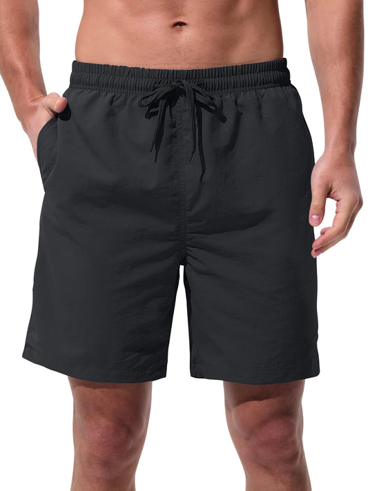 UIQUR Men's Swim Trunks Beach Board Shorts Quick Dry Swimsuit Bathing Suits with Pockets 7 Inch Inseam Mesh Lining Black L