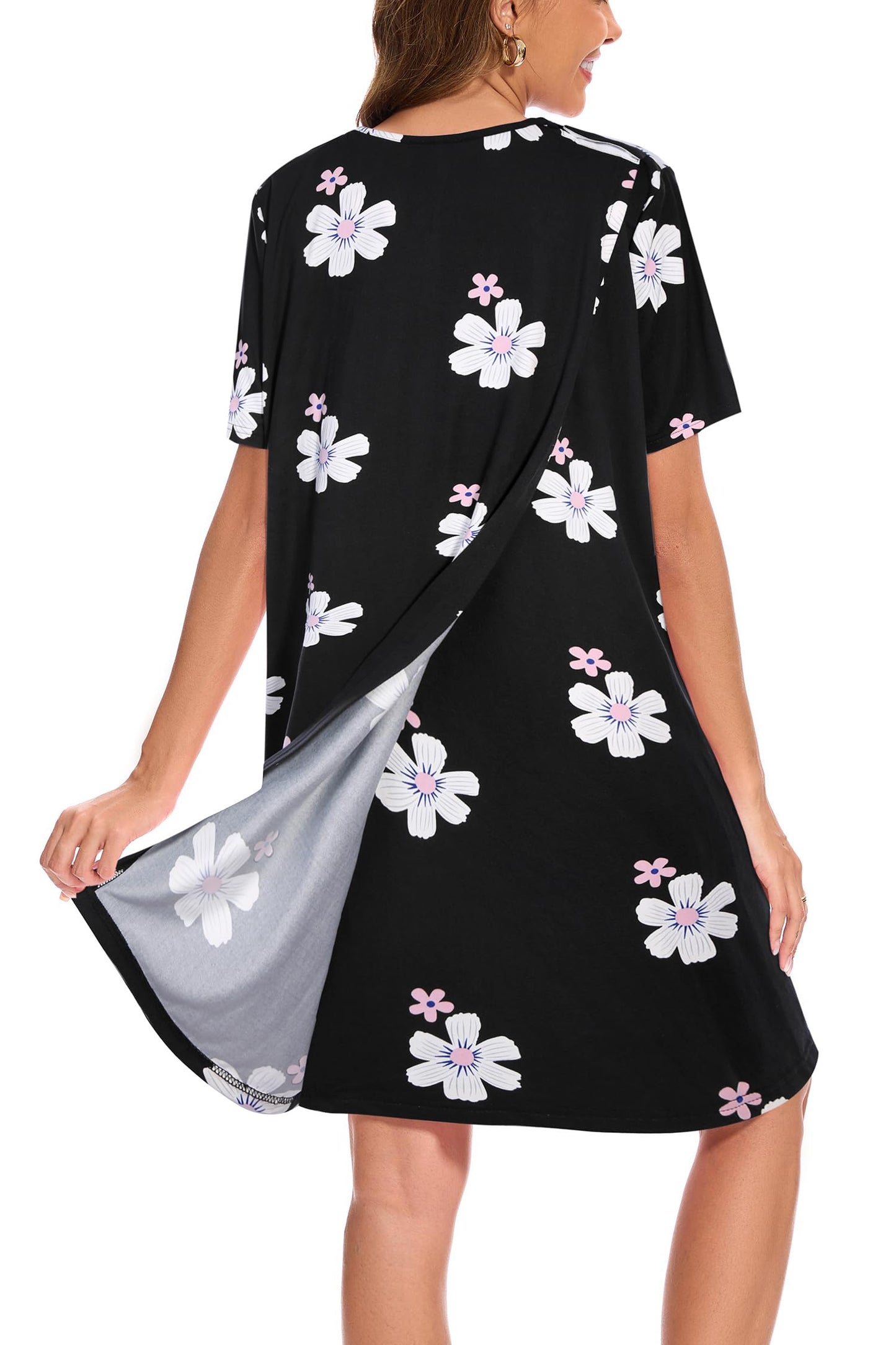 AVIIER Hospital Gowns for Women Open Back Adaptive Clothing Nightgowns Post Shoulder Surgery Dress Black Flower XXL