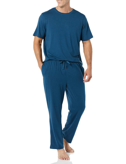 Amazon Essentials Men's Cotton Modal T-Shirt and Full-Length Bottom Pajama Set, Dark Blue, Large