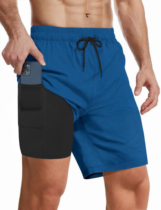 Mens Swim Trunks with Compression Liner 7 Inch Inseam Quick Dry Swim Shorts Mens Bathing Suit Board Shorts with Pockets 2 in 1 Beach Swimming Shorts Dissolvable Swimsuit Swimwear Big and Tall Blue L