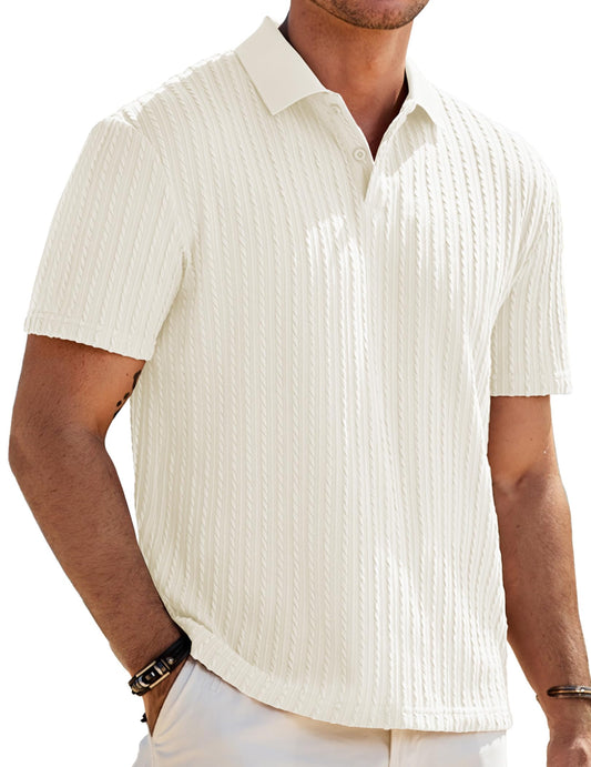 JMIERR Mens Polo Shirt Short Sleeve Casual Fashion Henley Shirts Button Down Knit Textured Men Gift, L, Beige