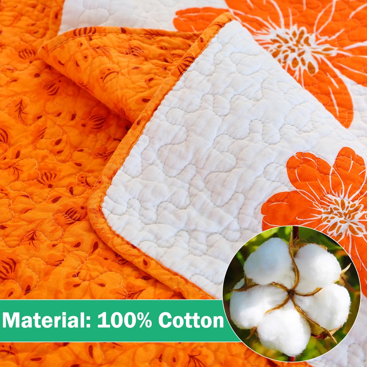 EVENHUG 100% Cotton Quilt King Size Orange Sunflower Bedding Set Floral Lightweight Quilt Reversible Coverlet Bedspread with 2 Pillow Shams All Seasons 3 Pieces (106”X96”)