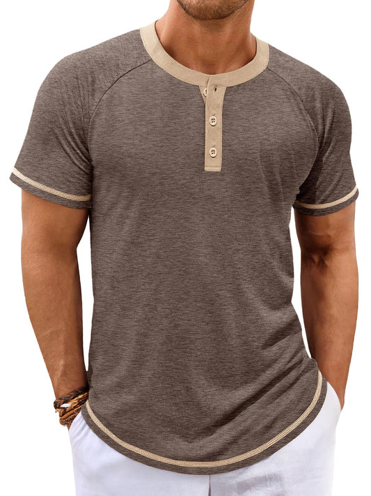 Makkrom Mens Henley Shirts Short Sleeve Casual Summer Basic T Shirts Button Vintage Lightweight Tee Tops Coffee