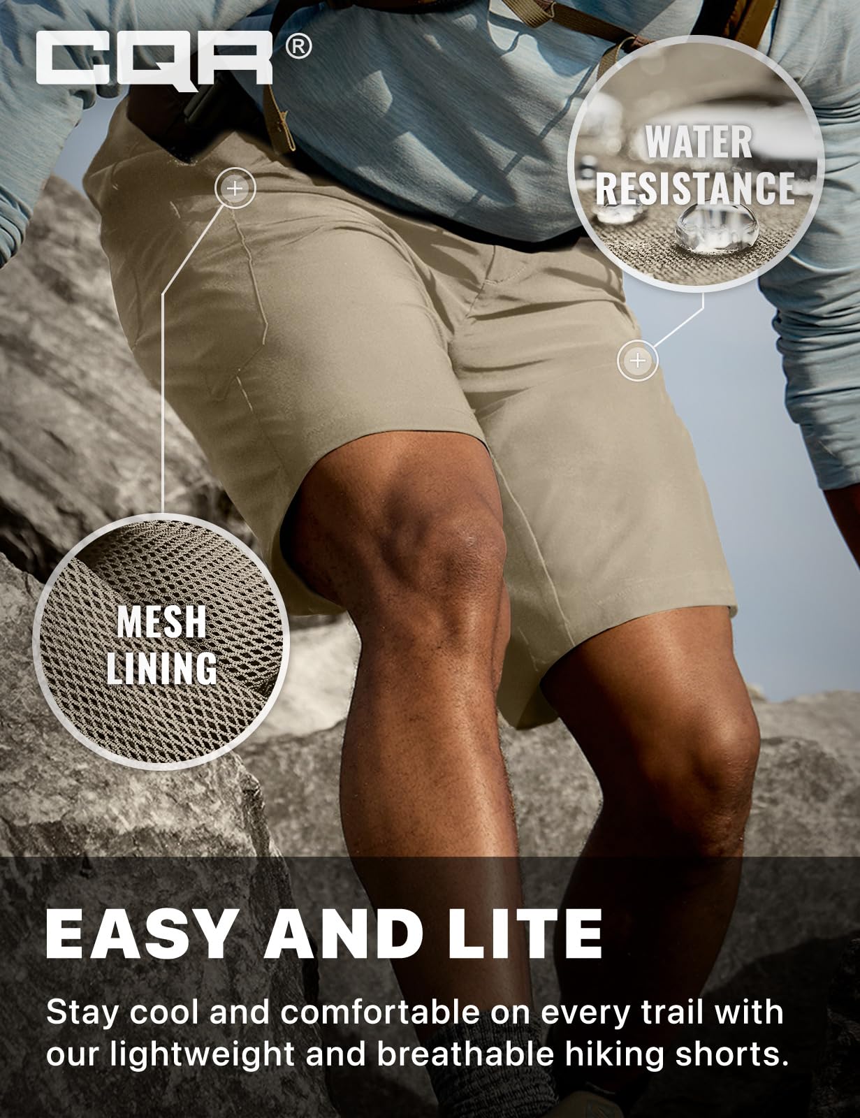 CQR Men's Quick Dry Stretch Hiking Cargo Shorts, Lightweight Water Resistant Tactical Casual, Golf & Outdoor with Pockets, Routine Sandstorm, 34W x 10L