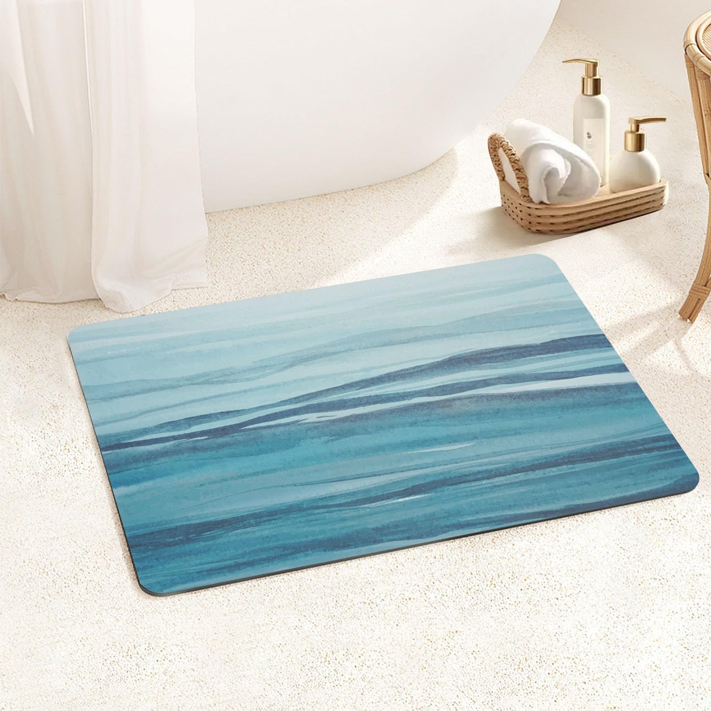 FRESHMINT Soft Abstract Bath Mat Watercolor Bathroom Mat Non-Slip Qucik Dry Bath Rugs Thin Washable Seascape Shower Floor Mats with Super Water Absorbent Layer & Rubber Backing, 17"x24", Teal