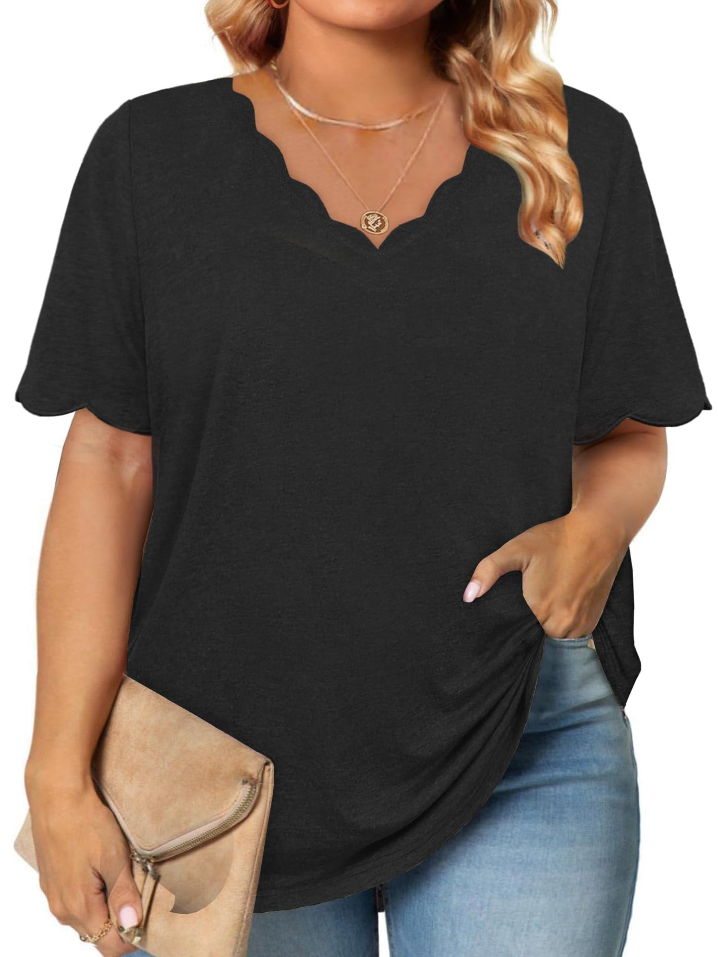 JomeDesign Ladies Tops and Blouses Short Sleev Tunic Shirts V Neck Looes Fit Tshirts Black XL