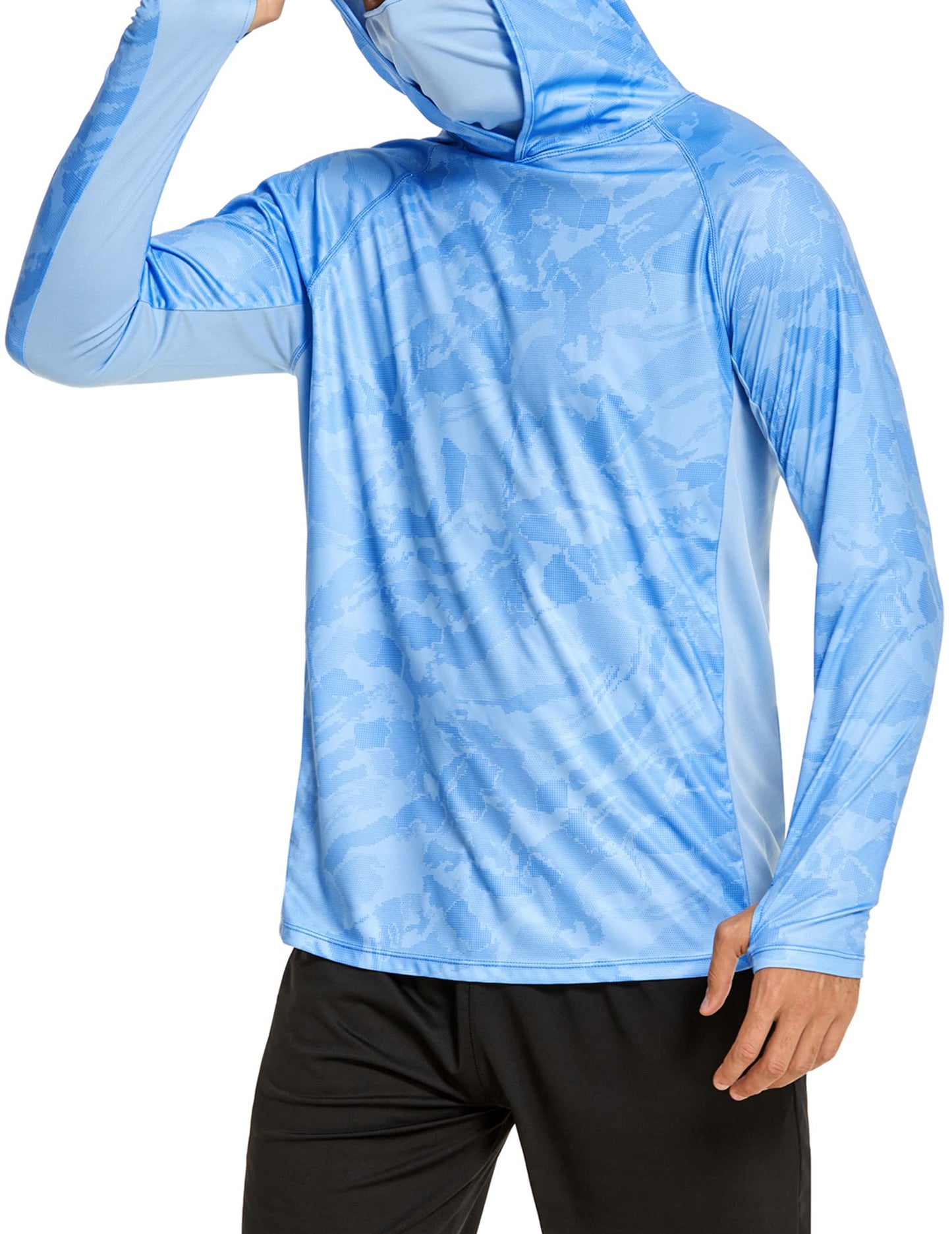 COOrun Men's Hooded Sun Shirts with Mask Fishing Shirts for Men Long Sleeve UPF 50 Rash Guards Cooling Hoodies Hiking Shirts Blue