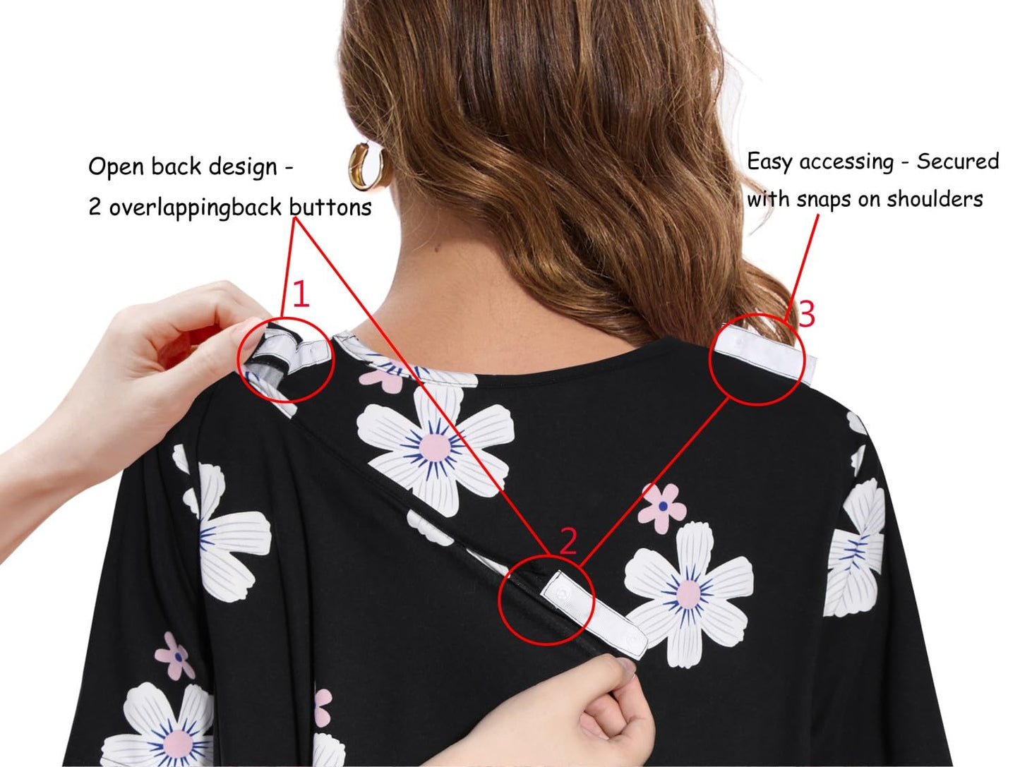 AVIIER Hospital Gowns for Women Open Back Adaptive Clothing Nightgowns Post Shoulder Surgery Dress Black Flower XXL