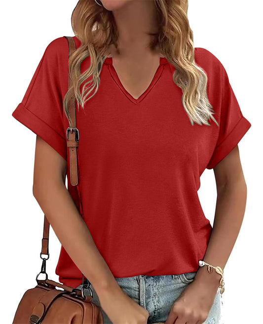 Womens V Neck T Shirts Casual Loose Tees 2025 Trending Now Summer Short Sleeve Tops(L,Red)