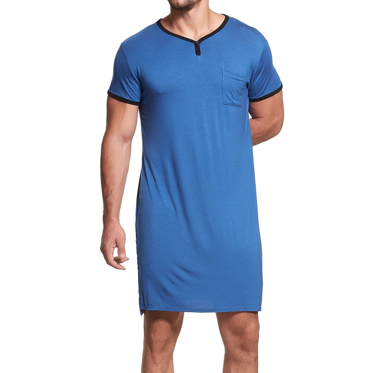 Lu's Chic Men's Short Sleeve Nightshirt Henley Pajama Top V Neck Nightgown Pocket Sleep Gown Sleepwear Loose Loungewear Sleeping Lounge Long Knee Shirt Casual Nightwear Plain Navy Large