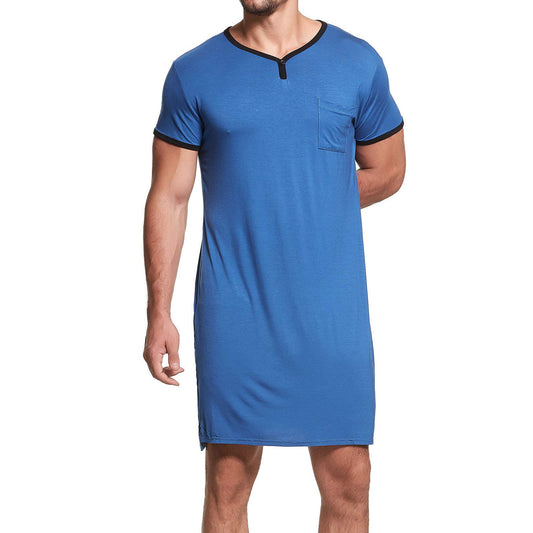 Lu's Chic Men's Short Sleeve Nightshirt Henley Pajama Top V Neck Nightgown Pocket Sleep Gown Sleepwear Loose Loungewear Sleeping Lounge Long Knee Shirt Casual Nightwear Plain Navy Large