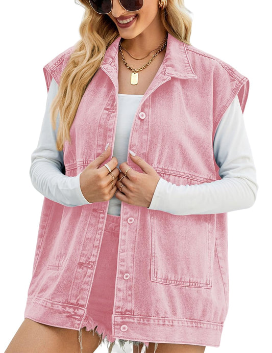 PAODIKUAI Women's Denim Vest Mid Long Jean Vest Sleeveless Jackets Distressed Vest Cotton (A-pink,X-Large)