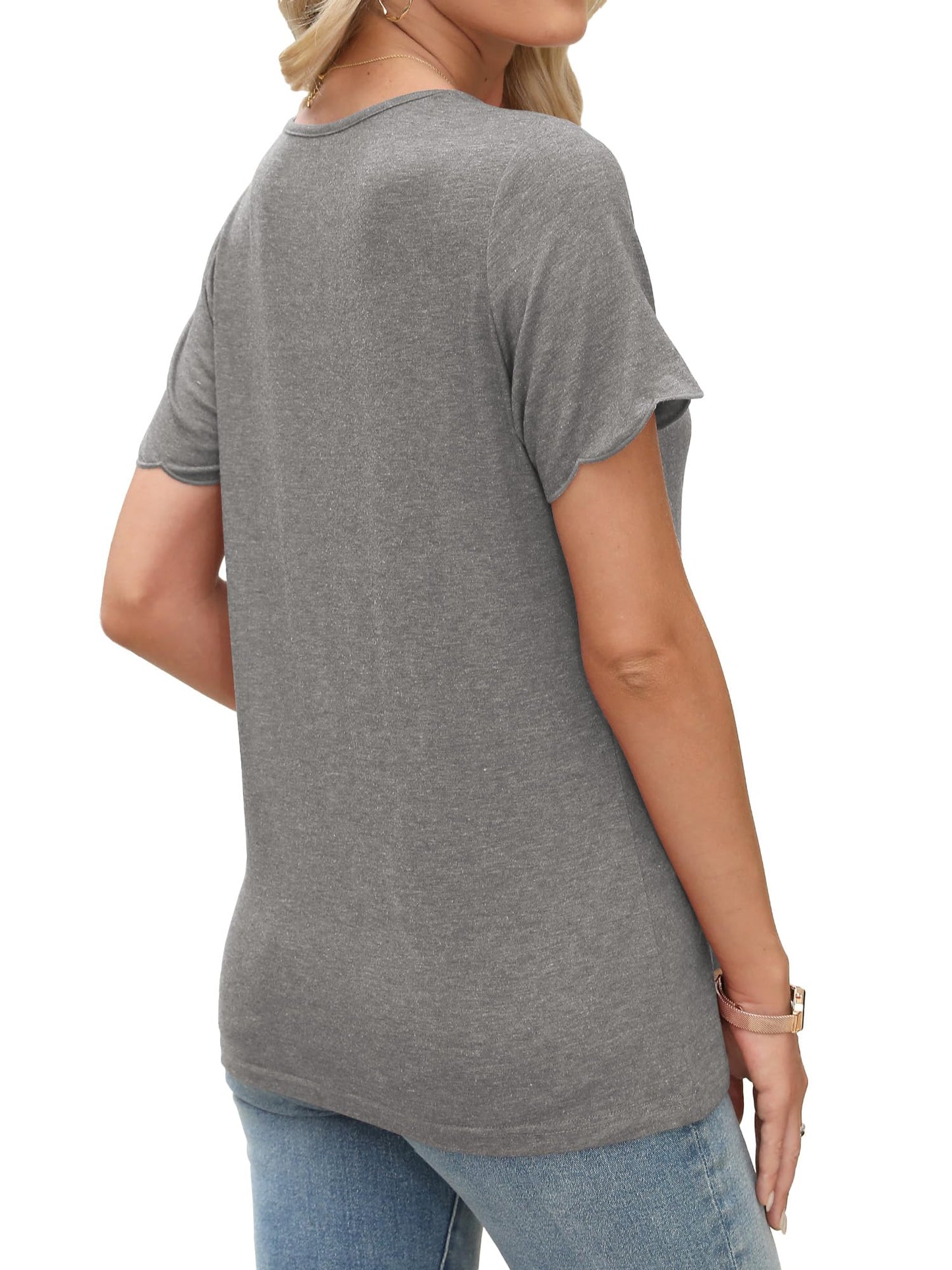 JomeDesign Womens Tops 2025 Summer Short Sleeve Blouses Loose Fit V Neck Shitts LightGrey M