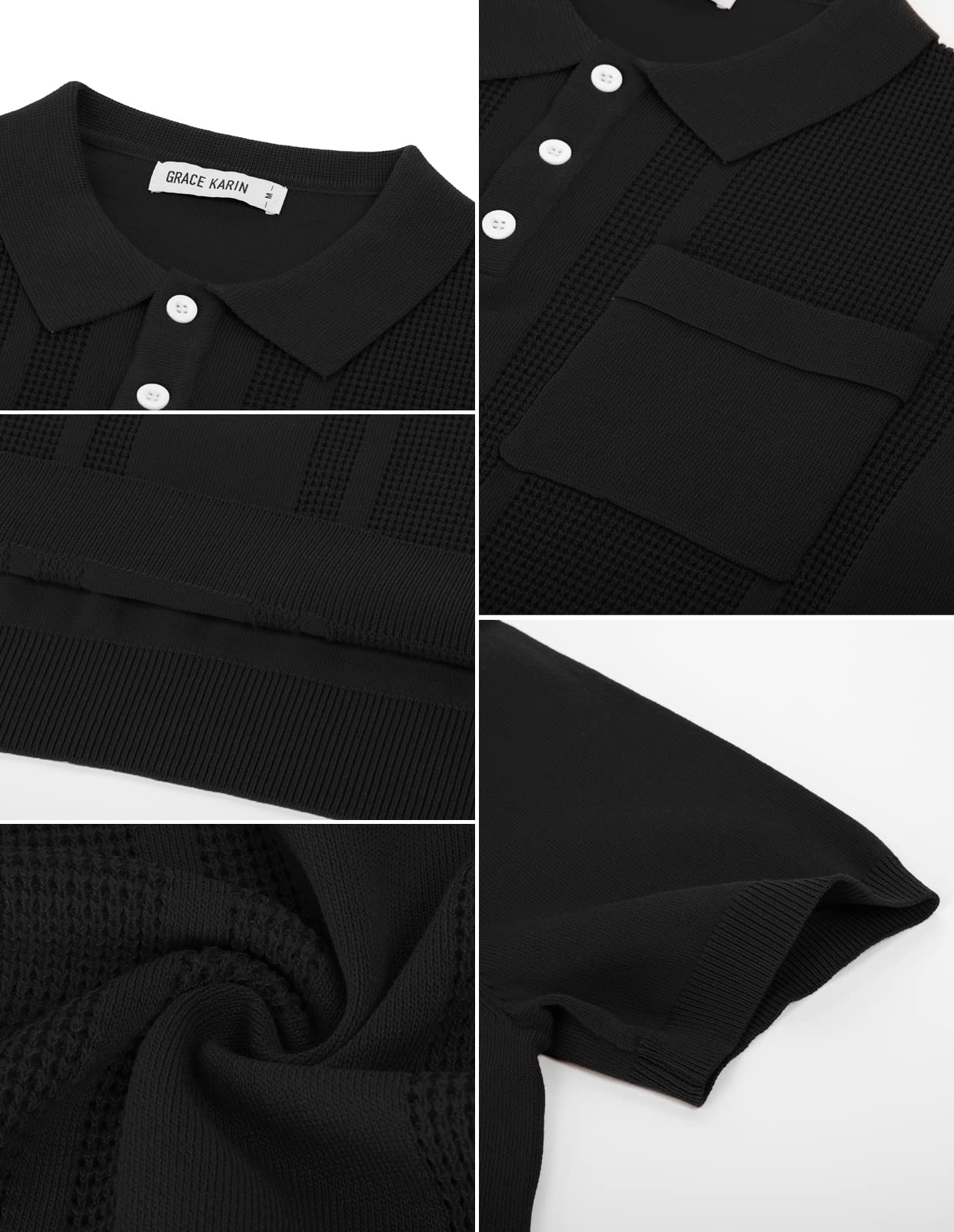 GRACE KARIN Mens Short Sleeve Knitted Bowling Polo Shirts Knitting Lightweight Golf Tee Shirt for Summer Black L