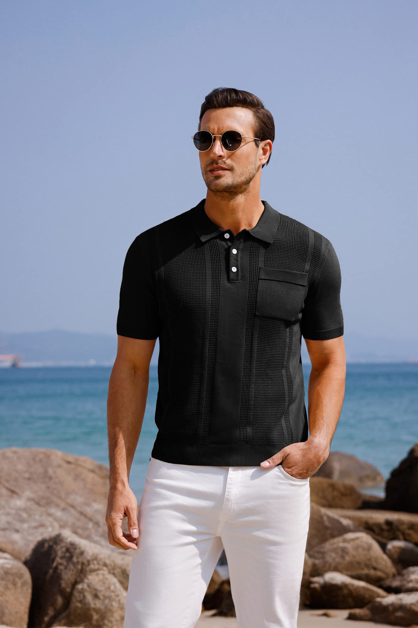 GRACE KARIN Mens Short Sleeve Knitted Bowling Polo Shirts Knitting Lightweight Golf Tee Shirt for Summer Black L