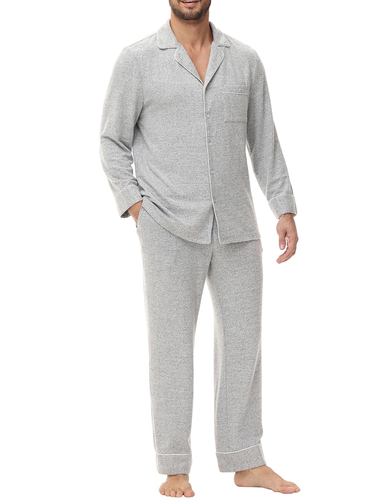 Veseacky Mens Pajamas Set Flannel Long Sleeve Soft Pajamas for Men Button Down Sleepwear Nightwear Pjs Lounge Sets with Pockets (Grey,XL)