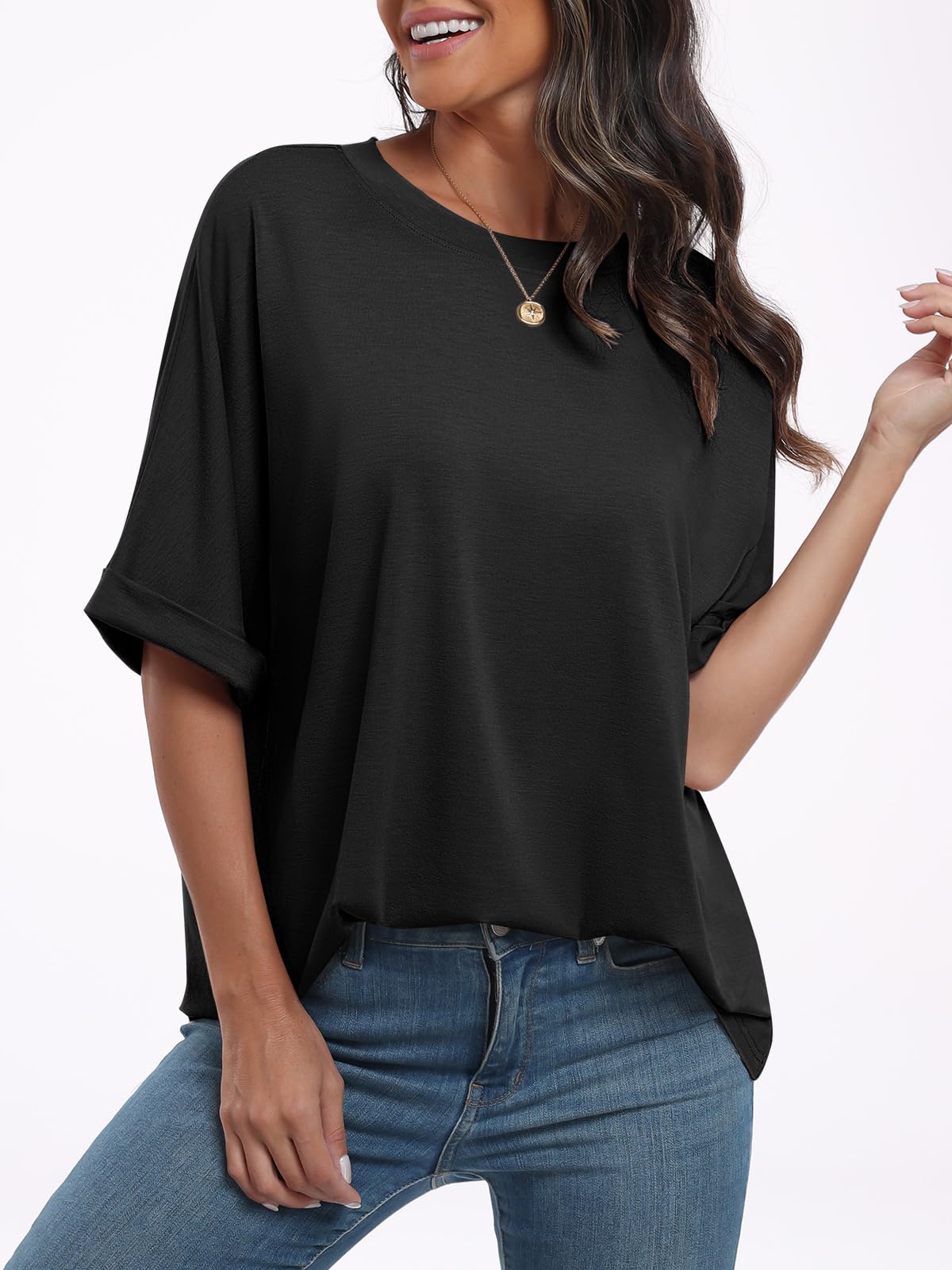 ANRABESS Womens Tops Oversized T Shirts Short Sleeve Crewneck Summer Casual Loose Basic Tee Shirt 2025 Trendy Fashion Clothes Black XX-Large