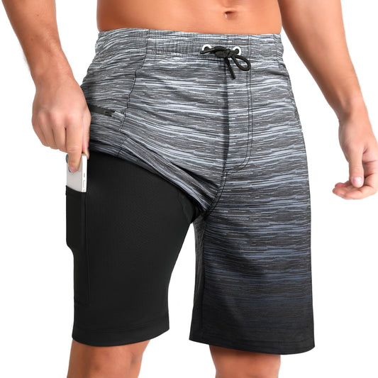 zeetoo Mens Swim Trunks with Compression Liner 9" Inseam Quick Dry Swim Shorts with Zipper Pockets Bathing Suit Gradient-Stripe-Gray M