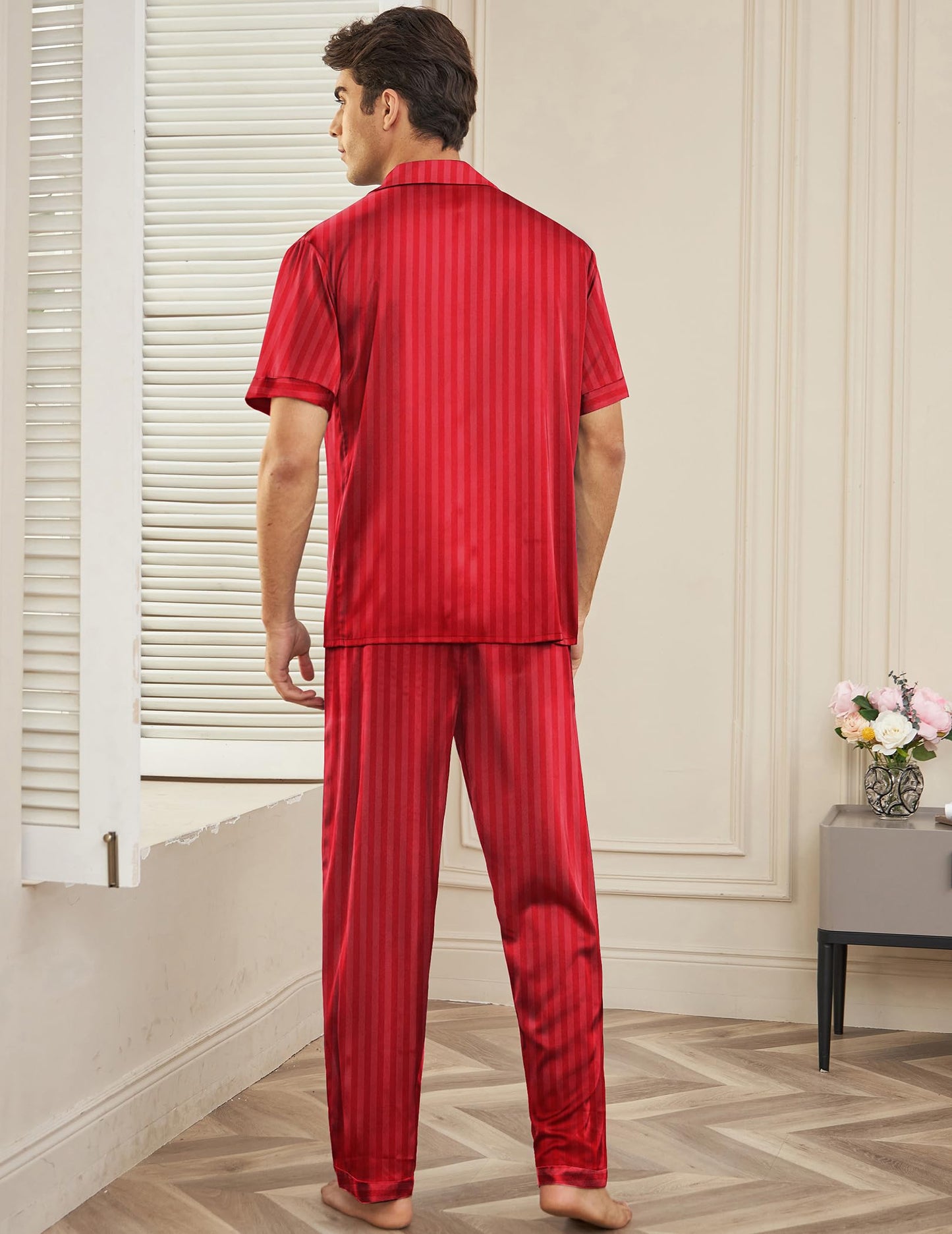 Ekouaer Men Satin Silk Pajamas Set 2 Piece Button Down Sleepwear Long Pants Loungewear with Pockets