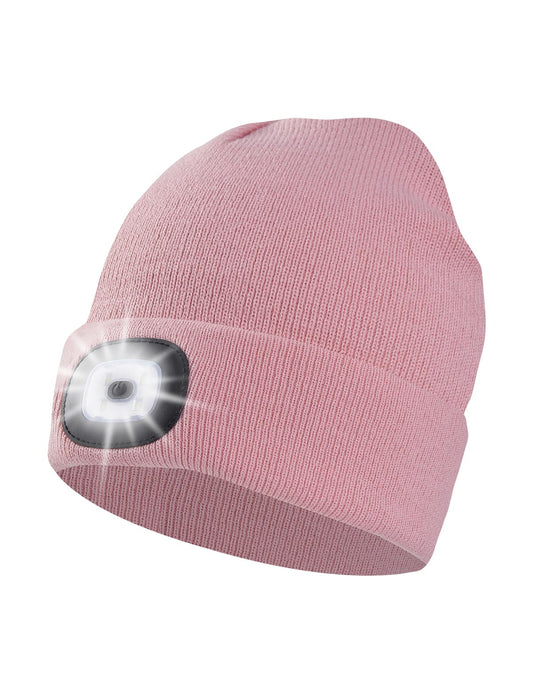 Unisex Beanie Hat with Light, USB Rechargeable LED Headlamp Cap Warm Knit Hats for Winter Safety，Gifts for Men Women Dad (Light Pink)