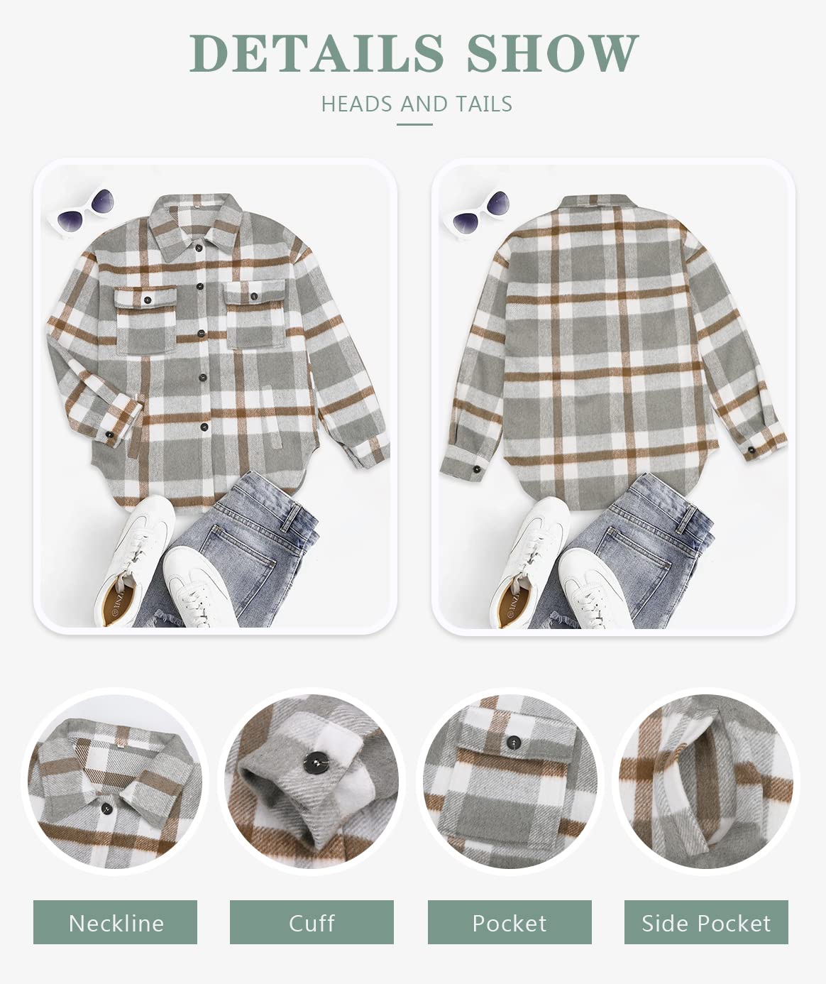 Beaully Women's Brushed Plaid Shirts Long Sleeve Flannel Lapel Button Down Pocketed Shacket Jacket Coats 6017 Khaki Large