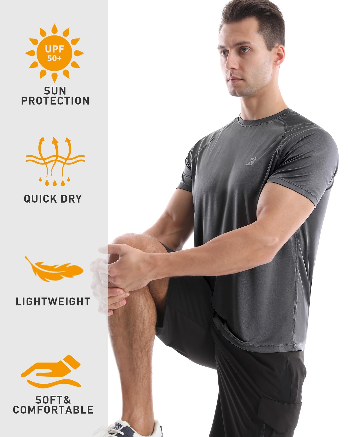 Roadbox Men's Rash Guard Short Sleeve, UPF 50+ UV Sun Protection Swim Shirts, Quick Dry Lightweight Water Surf Beach T-Shirt Dark Gray