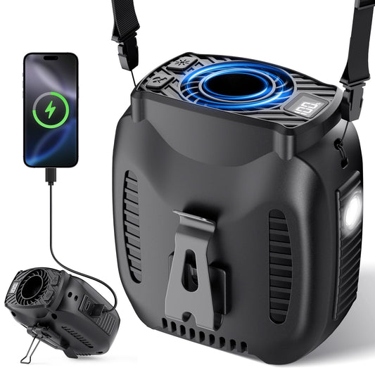 VOSFEEL 16000mAh Portable Waist Fan Rechargeable, 16000RPM 5-Speeds Strong Airflow, 48H Runtime with Flashlight, Personal Wearable Belt Fan for Camping, Outdoor, Jobsite, Black