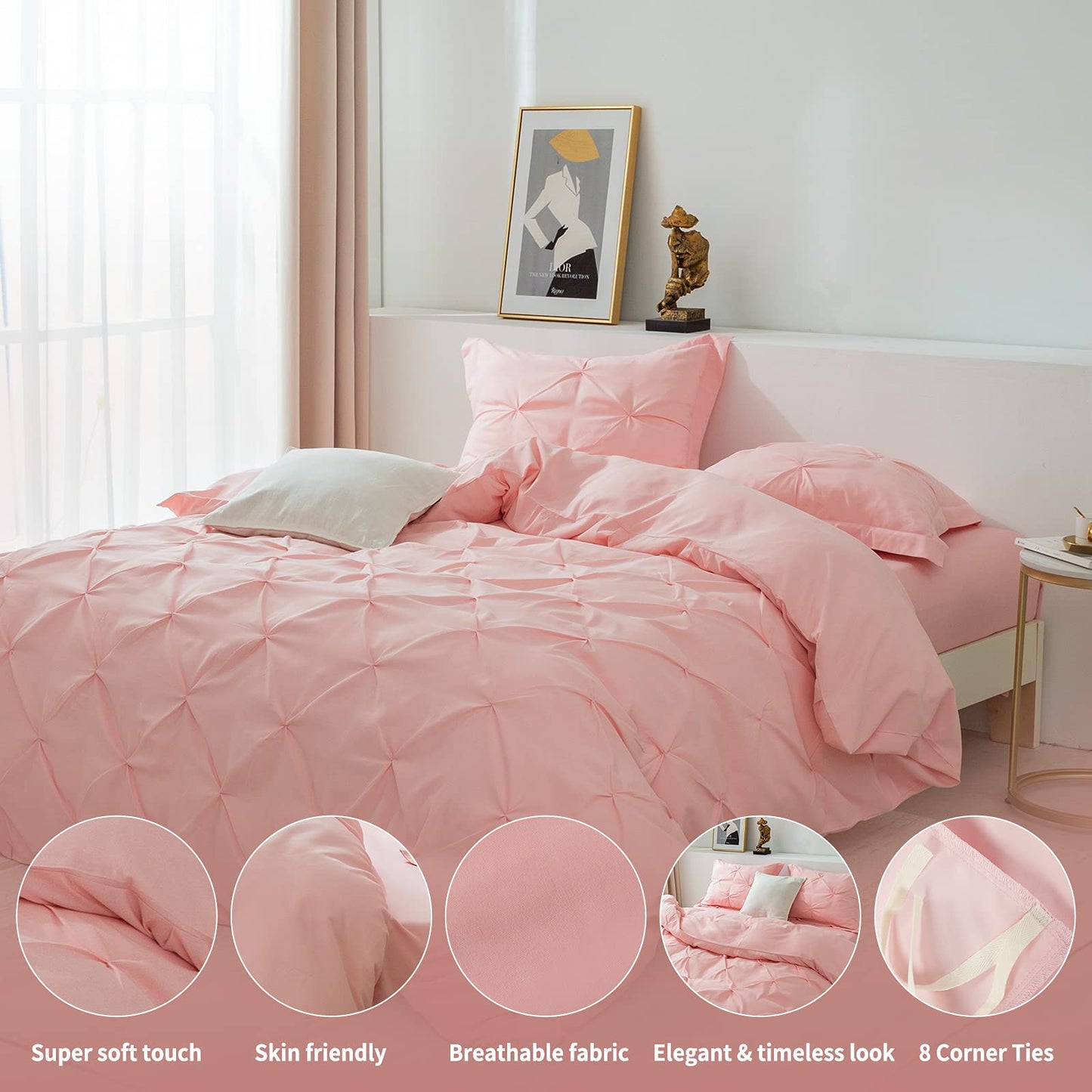 3 Pieces Bedding Duvet Cover Set, Pinch Pleated Twin Duvet Cover, Pintuck Comforter Quilt Cover with 2 Pillow Shams-Twin-68 X 90 inches-Pink