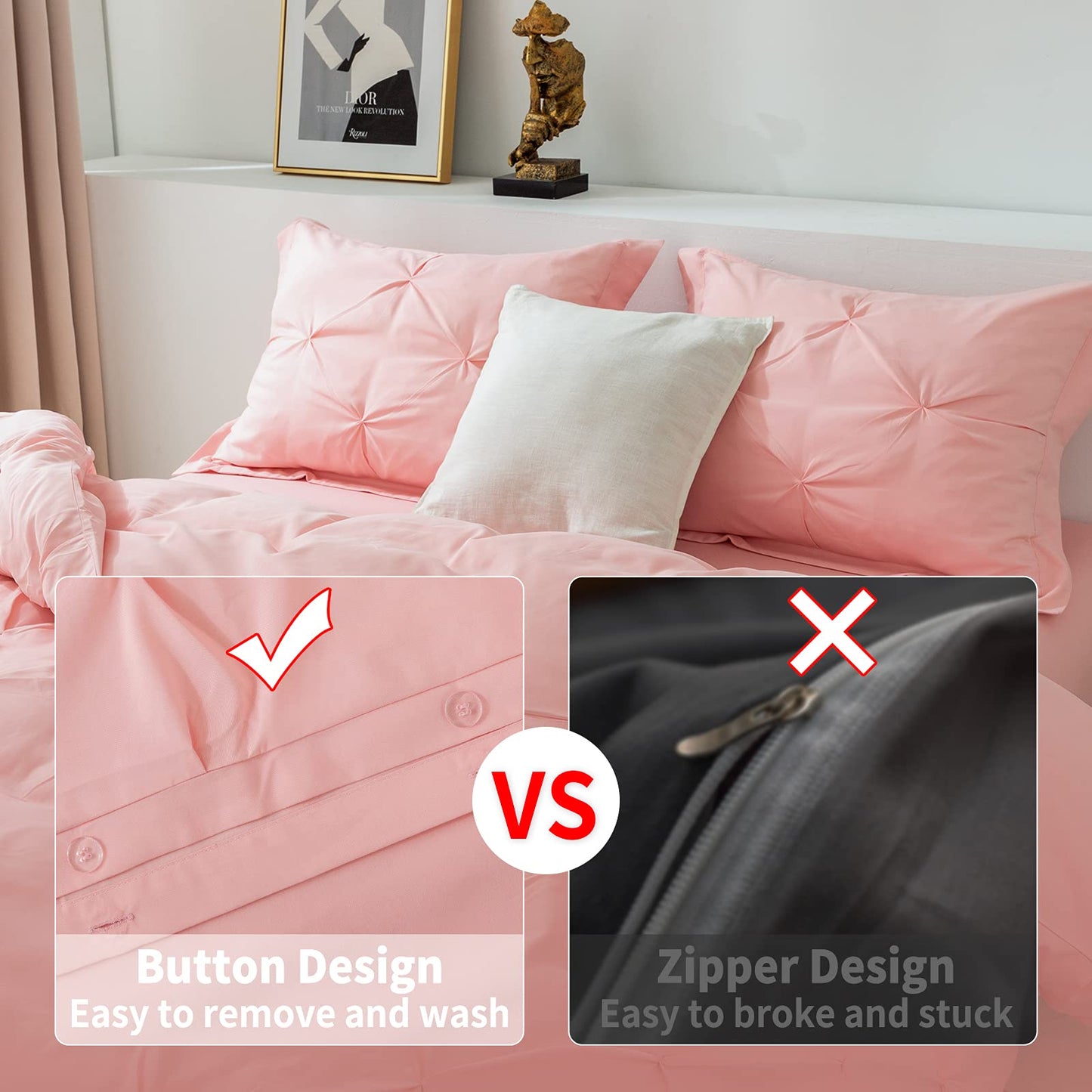 3 Pieces Bedding Duvet Cover Set, Pinch Pleated Twin Duvet Cover, Pintuck Comforter Quilt Cover with 2 Pillow Shams-Twin-68 X 90 inches-Pink