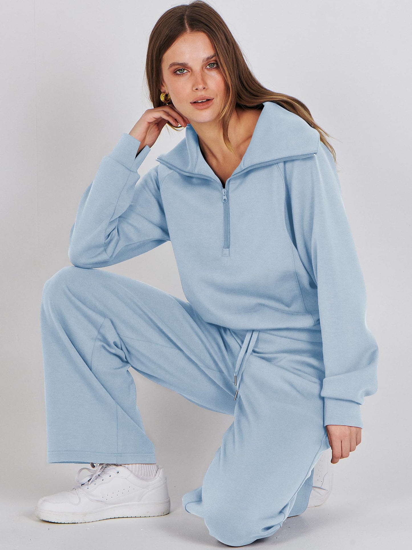 ANRABESS Women 2 Piece Outfits Sweatsuit Oversized Sweatshirt Sweatpants Tracksuit Sweat Lounge Matching Set 2024 Fall Trendy Sky Blue X-Large