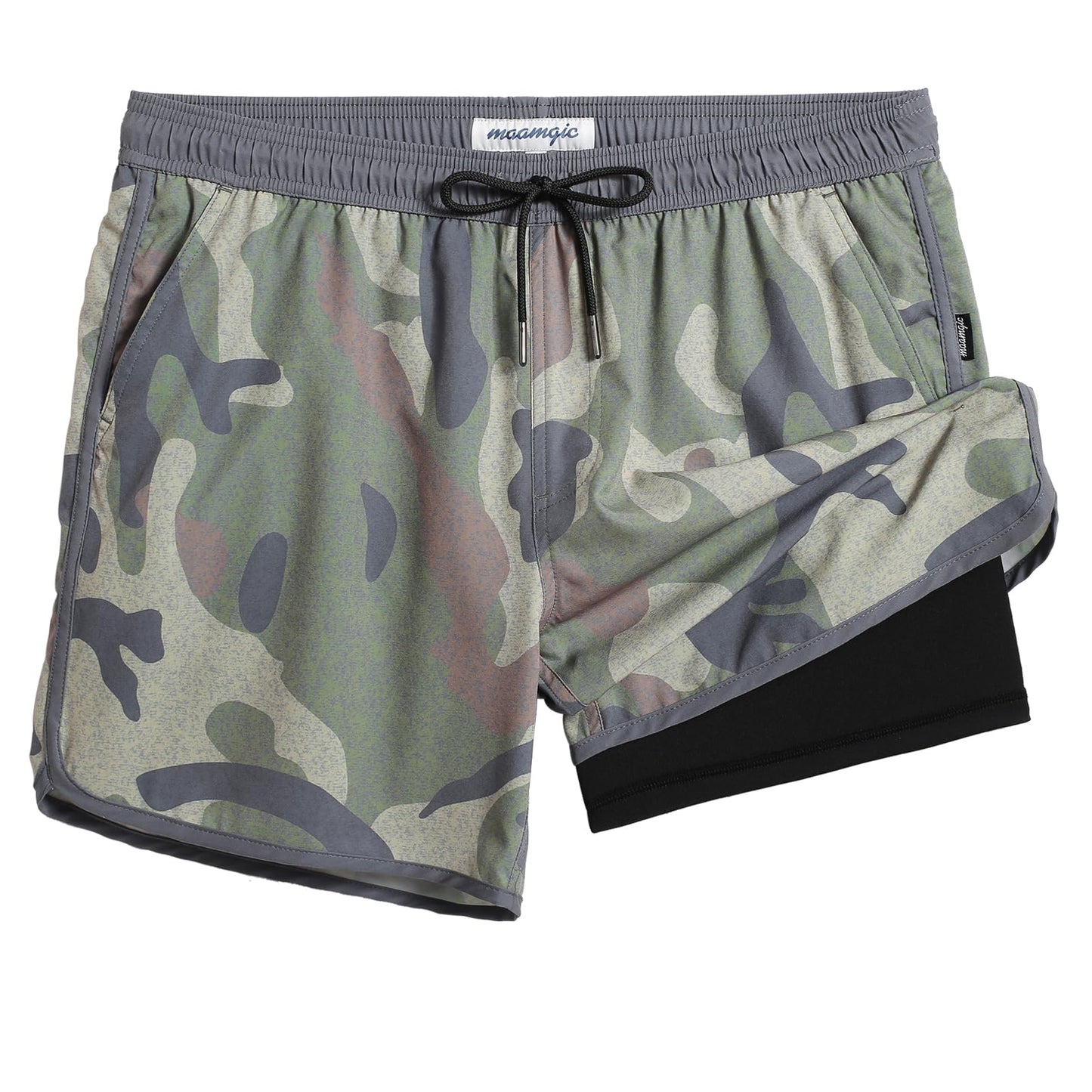 maamgic Mens Short 80s 90s Vintage 5.5" Swim Trunks Swimsuits Board Shorts Compression Liner Quick Dry 2 in 1 Bathing Suits Camo Grey Green Large