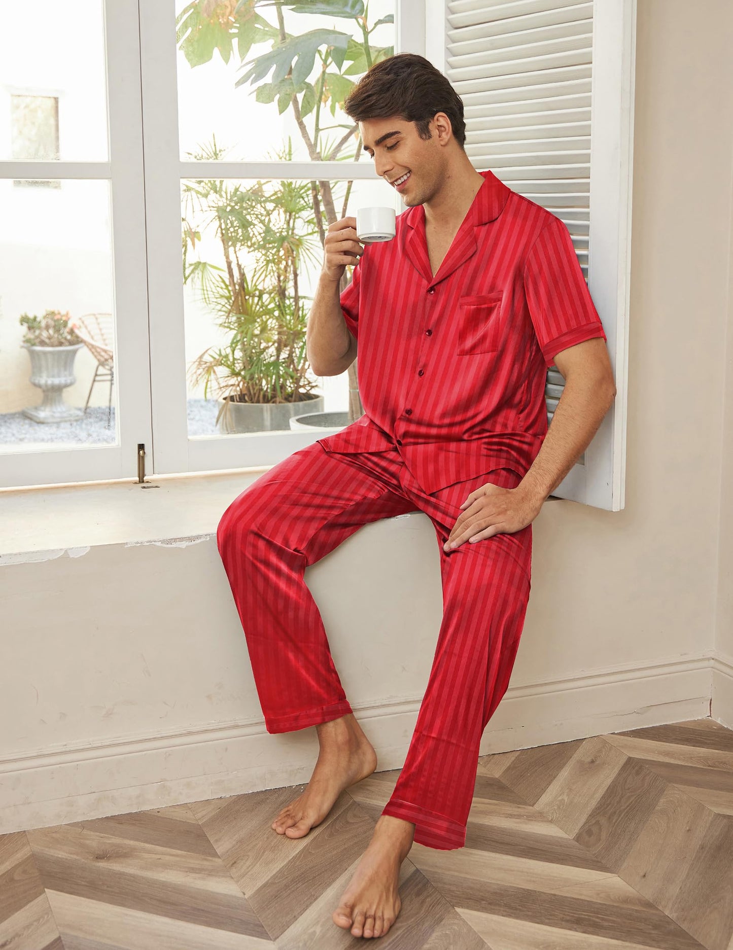 Ekouaer Men Satin Silk Pajamas Set 2 Piece Button Down Sleepwear Long Pants Loungewear with Pockets