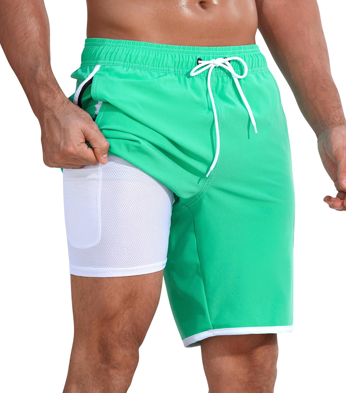 MOANOK Mens Swimming Trunks with Compression Liner 9" Inseam Quick Dry Board Shorts Swimwear, A-Green, 34