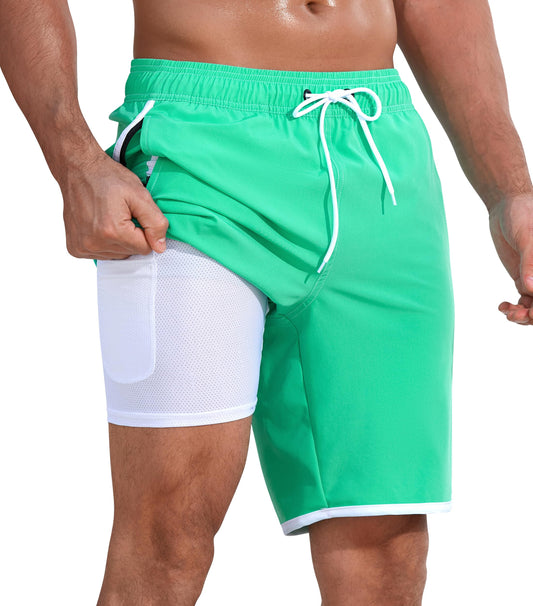 MOANOK Mens Swimming Trunks with Compression Liner 9" Inseam Quick Dry Board Shorts Swimwear, A-Green, 34