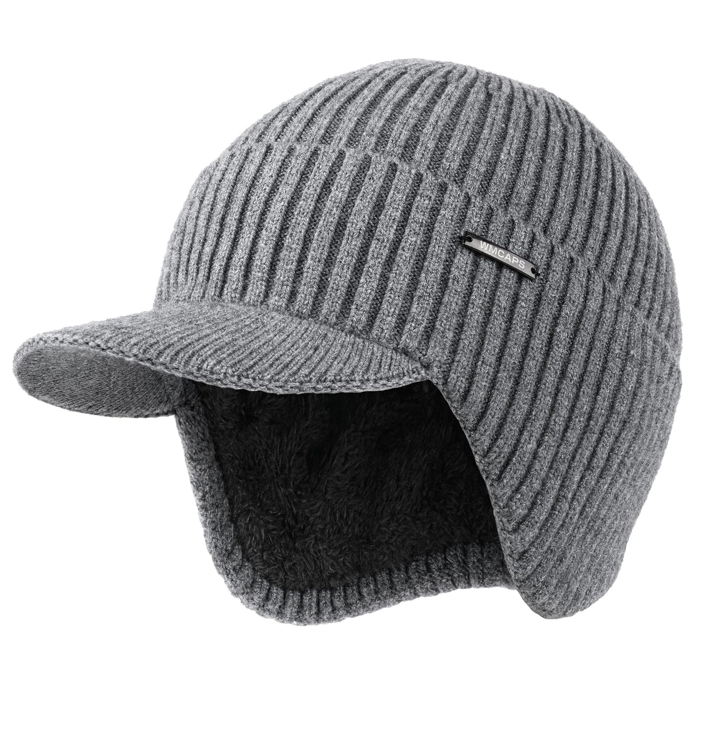 Wmcaps Winter Beanie with Brim and Ear Flaps, Outdoor Warm Fleece Lined Knit Hat Stocking Caps for Men Women Grey