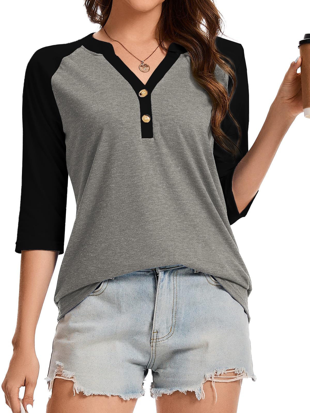 Dimur 3/4 Sleeve Tops for Women Business Casual Button Down Shirts Workout Summer Basic Tees Grey Black X-Large