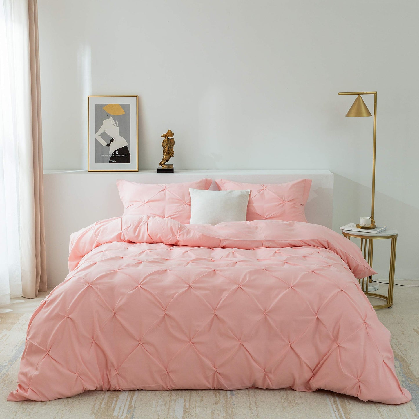 3 Pieces Bedding Duvet Cover Set, Pinch Pleated Twin Duvet Cover, Pintuck Comforter Quilt Cover with 2 Pillow Shams-Twin-68 X 90 inches-Pink