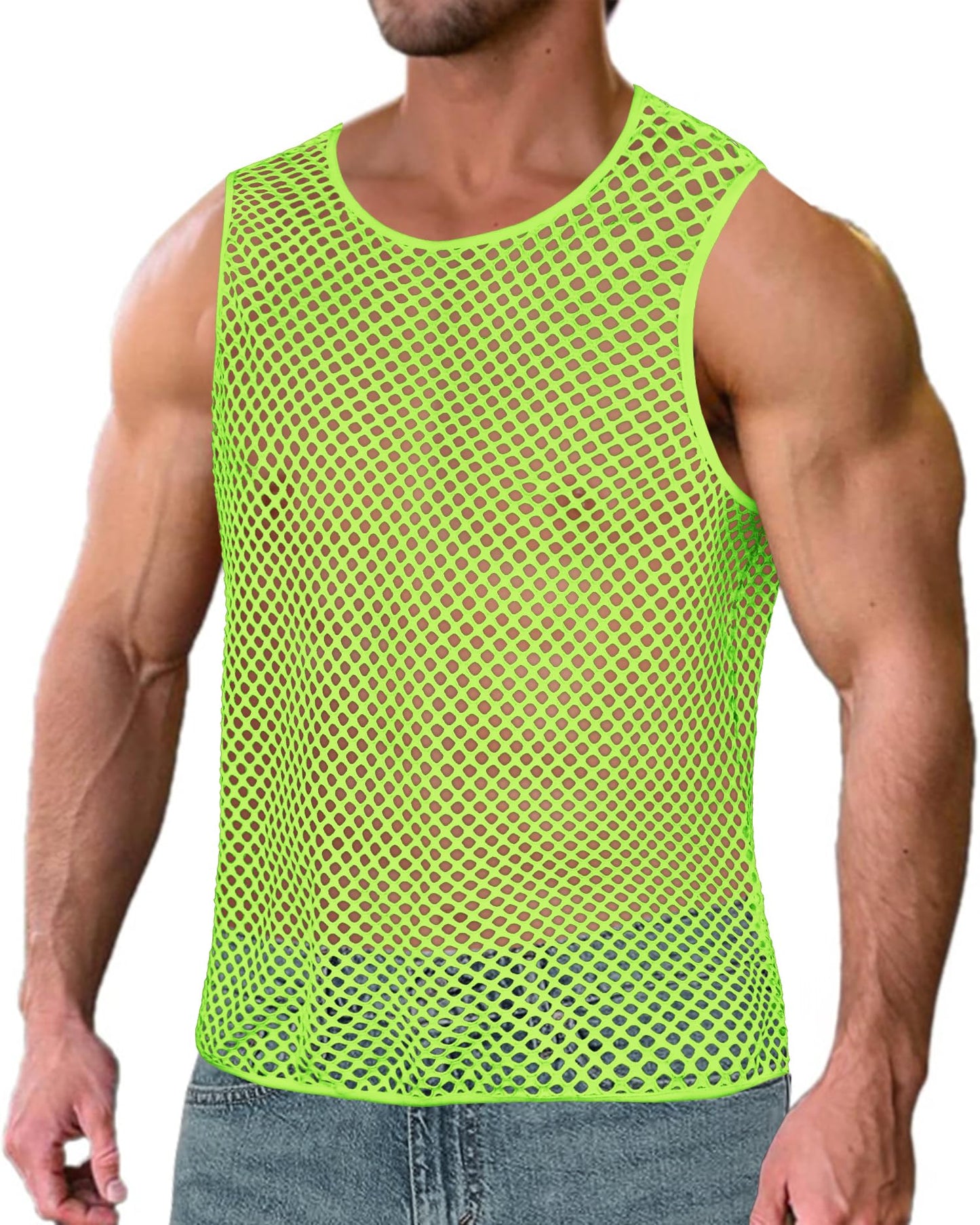 Mesh Fishnet Tank Tops See Through Sleeveless Muscle Rave Shirts for Men(Fluorescent Green,L)