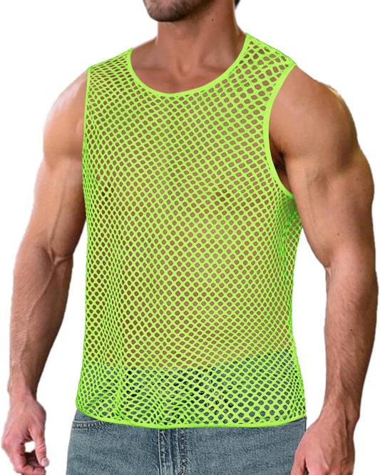 Mesh Fishnet Tank Tops See Through Sleeveless Muscle Rave Shirts for Men(Fluorescent Green,L)