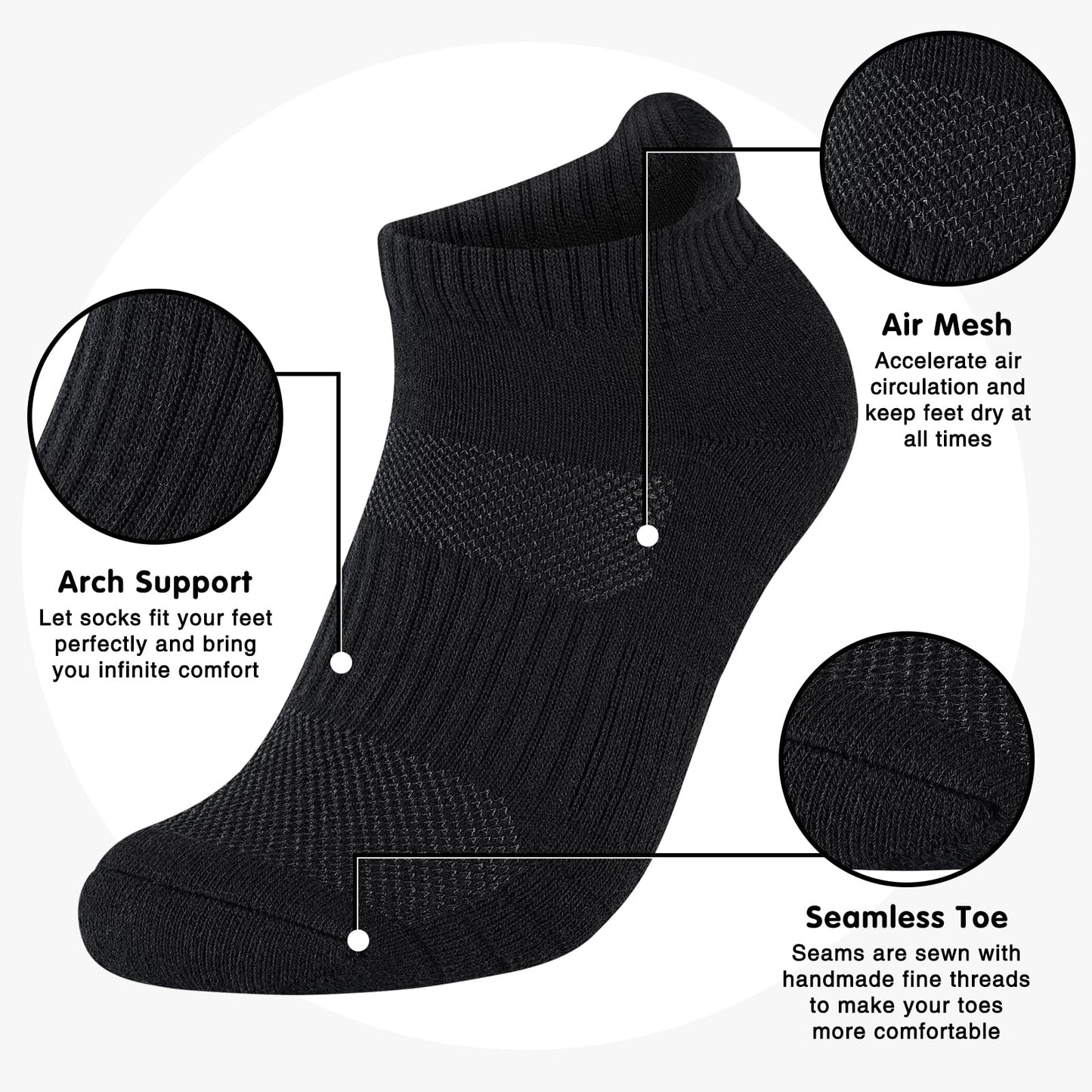 Mens 100% Cotton Ankel Socks, Athletic Cushioned Performance Running Moisture Wicking Breathable socks