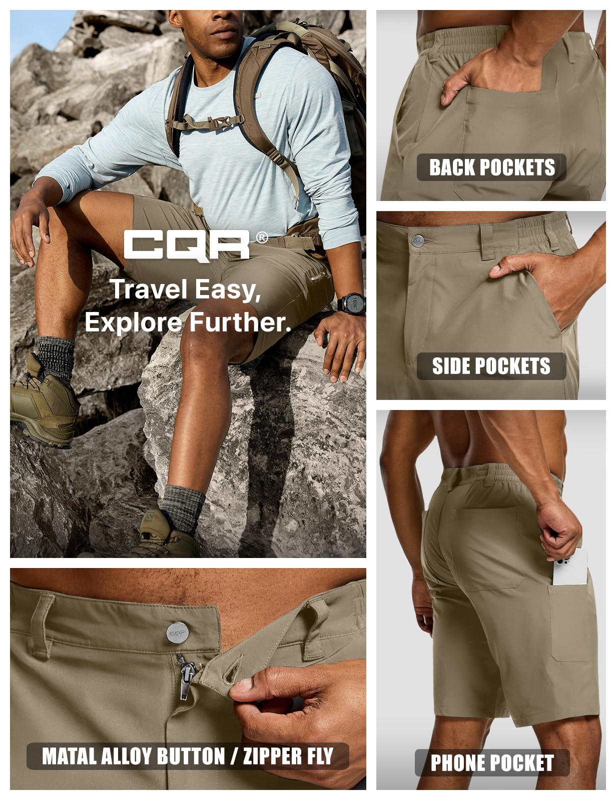 CQR Men's Quick Dry Stretch Hiking Cargo Shorts, Lightweight Water Resistant Tactical Casual, Golf & Outdoor with Pockets, Routine Sandstorm, 34W x 10L