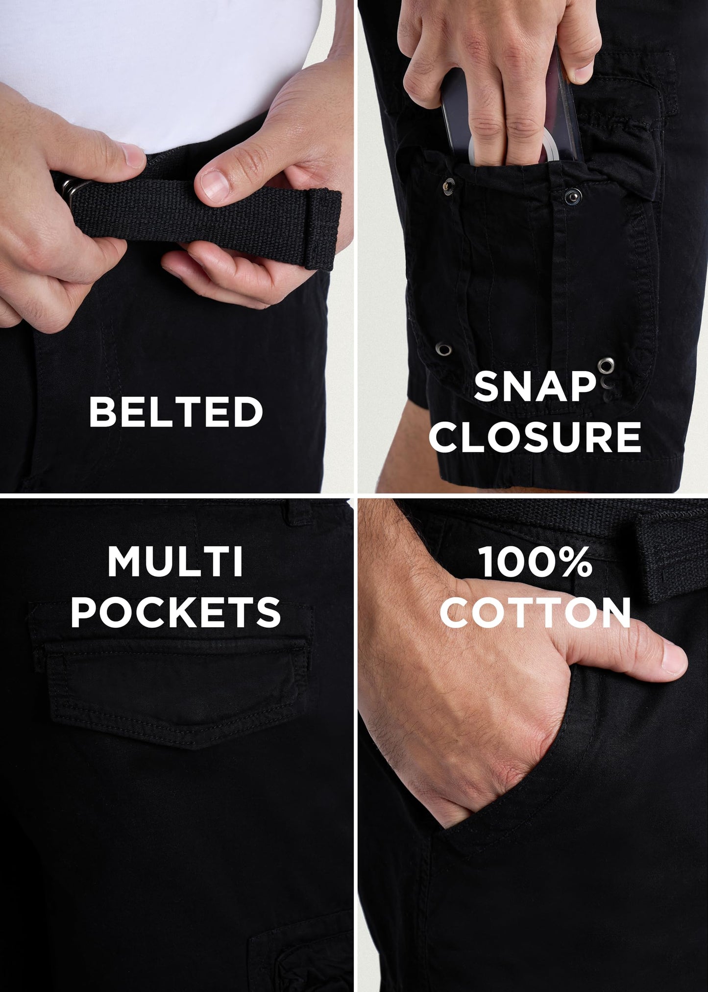 RAW X Mens Belted Cargo Shorts, Relaxed Fit Casual Knee Length Cargo Shorts for Men, Black, 28