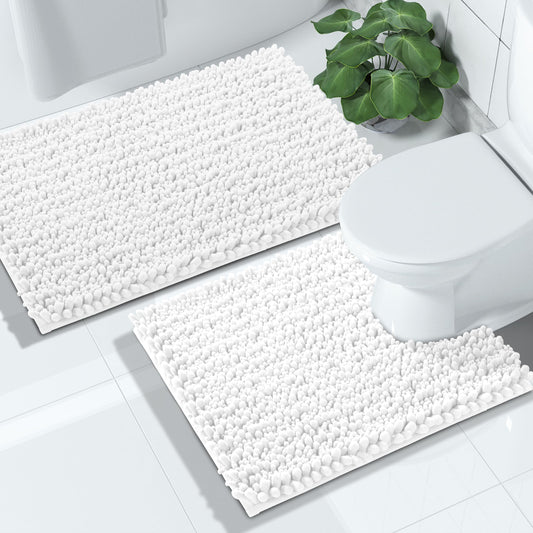 Yimobra Bathroom Rugs Sets 2 Piece, Extra Soft Thick Chenille Bath Mat and U-Shaped Toilet Contour Rug, Non-Slip Absorbent Water Plush Shower Rug Carpet for Bathroom Floor, Machine Washable, White