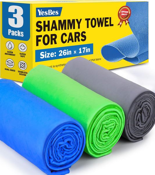 YesBes 3 Pack Premium Car Drying Shammy Cloth, 26'x17' Super Absorbent PVA Material, Reusable Soft Car Towel